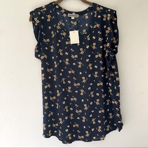PLEIONE Navy Blue Floral Sleeveless Blouse Size Large. Gently worn.
